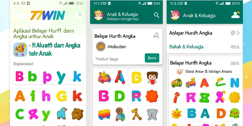 Antarmuka 77WIN yang ceria dan interaktif untuk belajar huruf dan angka.