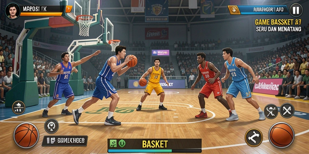 Antarmuka API33 menampilkan pemain basket sedang bertanding di lapangan.