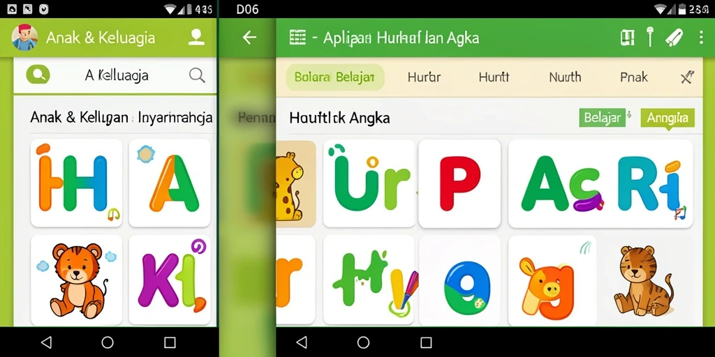 Antarmuka aplikasi D06 yang menarik dan interaktif untuk belajar huruf dan angka.